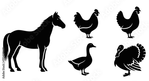 Farm Animals Silhouettes Set: Horse, Chicken, Duck, and Turkey Icons