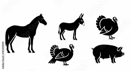 Farm Animals Silhouettes Set: Horse, Donkey, Turkeys, and Pig Icons