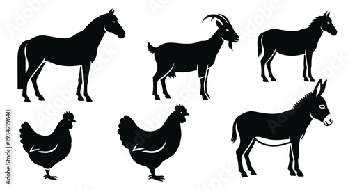 Farm Animals Silhouettes Set: Horse, Goat, Cow, Chicken, and Donkey Icons