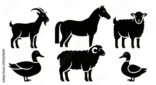 Farm Animals Silhouettes Set on White Background
