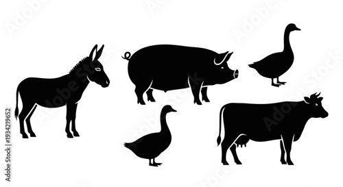 Farm Animals Silhouettes Set Isolated on White Background