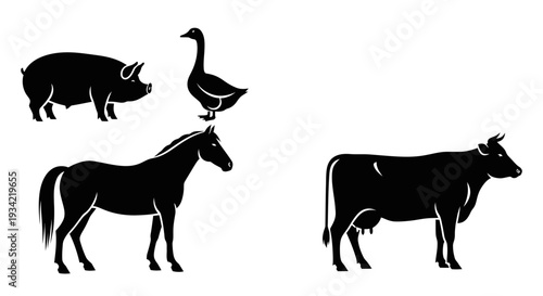 Farm Animals Silhouettes Set: Pig, Goose, Horse, and Cow Icons