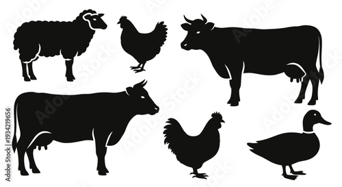 Farm Animals Silhouettes Set: Sheep, Cow, Chicken, and Duck Livestock Vector Icons