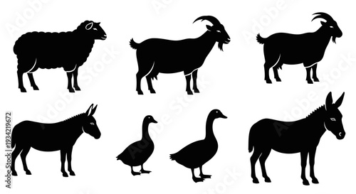 Farm Animals Silhouettes Set: Sheep, Goats, Donkeys, and Geese Vector Icons