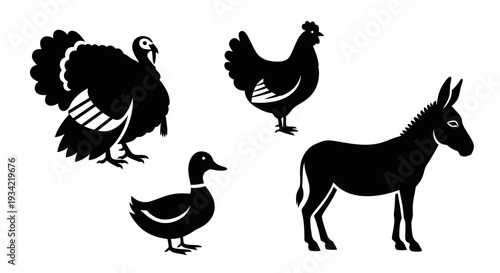 Farm Animals Silhouettes Set: Turkey, Chicken, Duck, and Donkey Icons