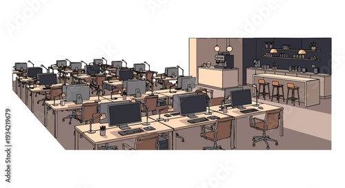 Modern office interior with multiple workstations and computers in a flat 2D layout, featuring a horizontal arrangement and ample copy space.