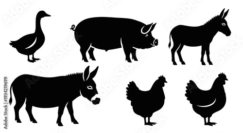 Farm Animals Silhouettes Set. Black Vector Icons of Domestic Livestock.