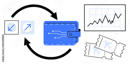 Financial technology, cryptocurrency exchange, market analytics, digital payments, travel planning, online transactions. Blue wallet, arrows chart and flight tickets. Financial technology