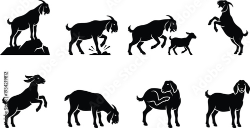 Set of 8 Black Goat Silhouettes Vector