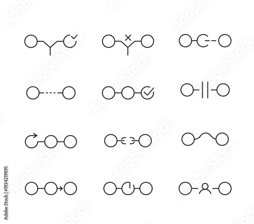A set of vector icons illustrating different automation and workflow conditions, such as task progress, failure, retry, manual steps, and conditional logic, created in line style with editable stroke