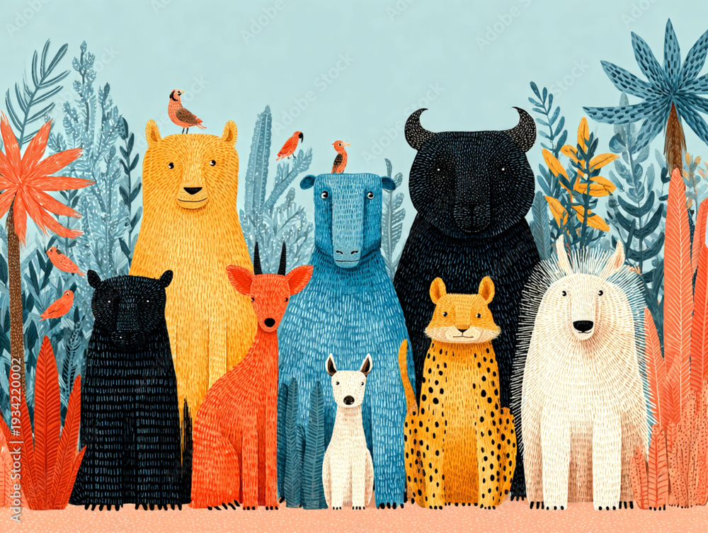 Naklejka premium Wild Animals Gathering A Colorful Display of Tigers Lions Elephants and More in a Vibrant Nature Scene