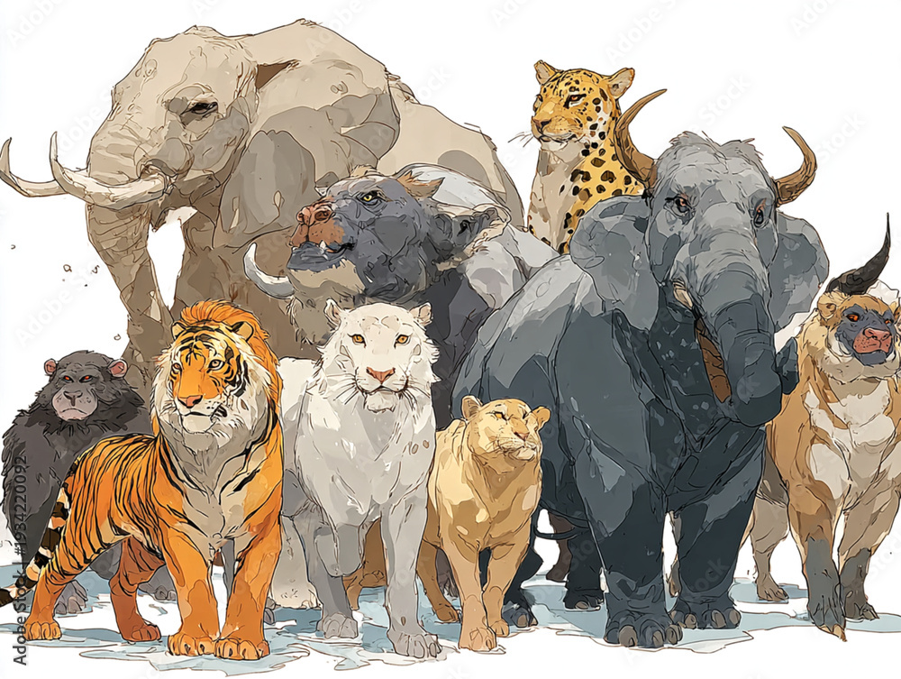 Naklejka premium Wild Animals Gathering Tigers Lions Elephants and More in a Natural Habitat Environment Vibrant Jungle Scene for Wildlife Conservation