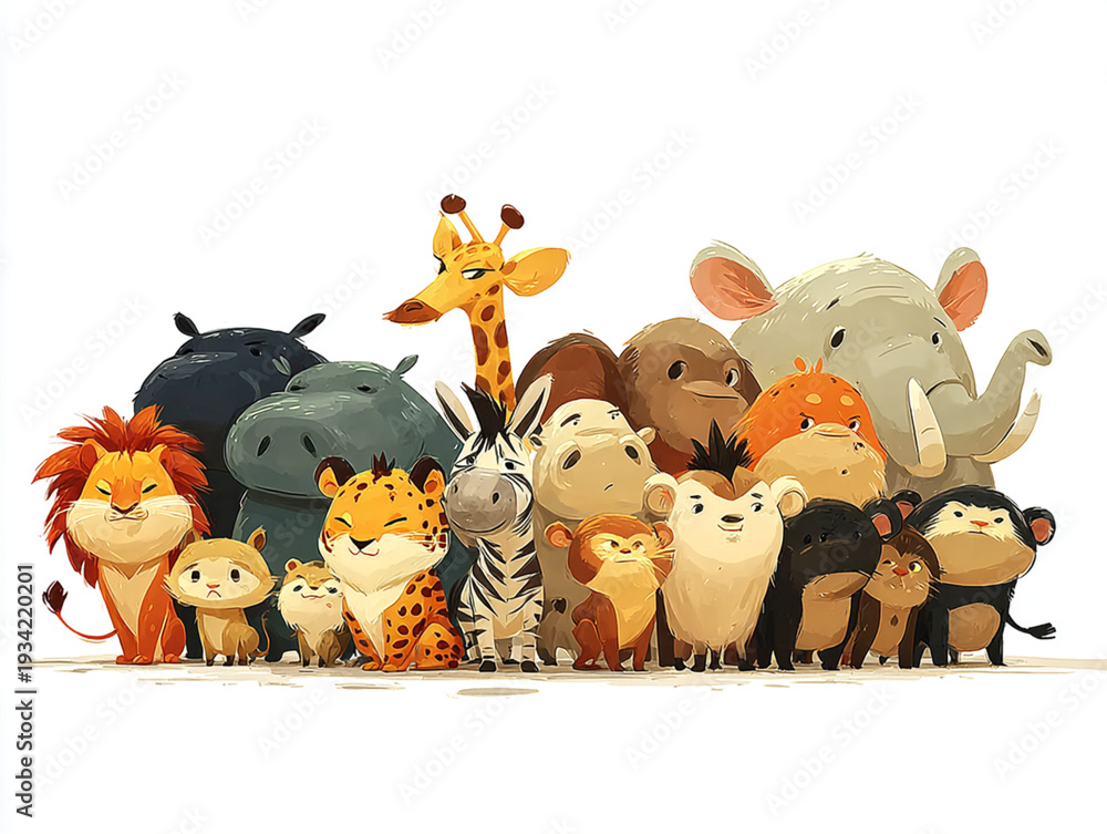 Naklejka premium Wild Animals Parade Tigers Lions Elephants and More Gather in Na