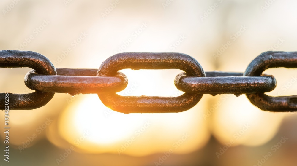 Fototapeta premium liberation. Broken metal chain links against a sunrise background with golden light. wellbeing guides, coaching materials, designed for coaching and self-improvement content. 