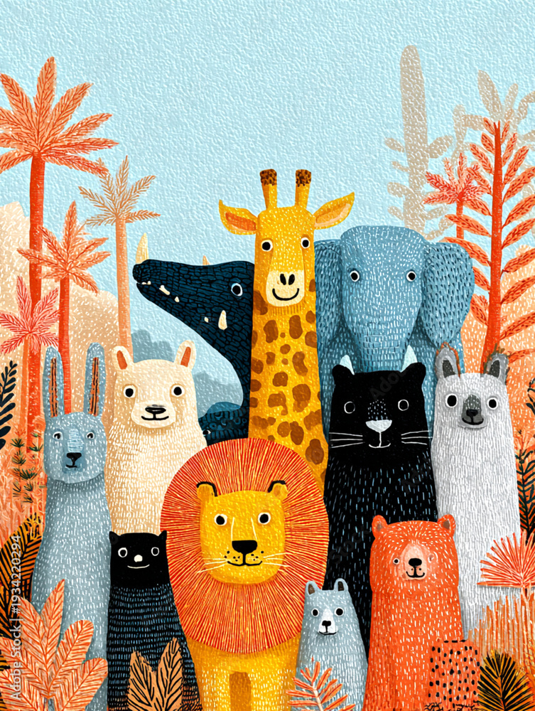 Fototapeta premium Wild Animals Gathering Tiger Lion Elephant and More in a Colorful Jungle Scene