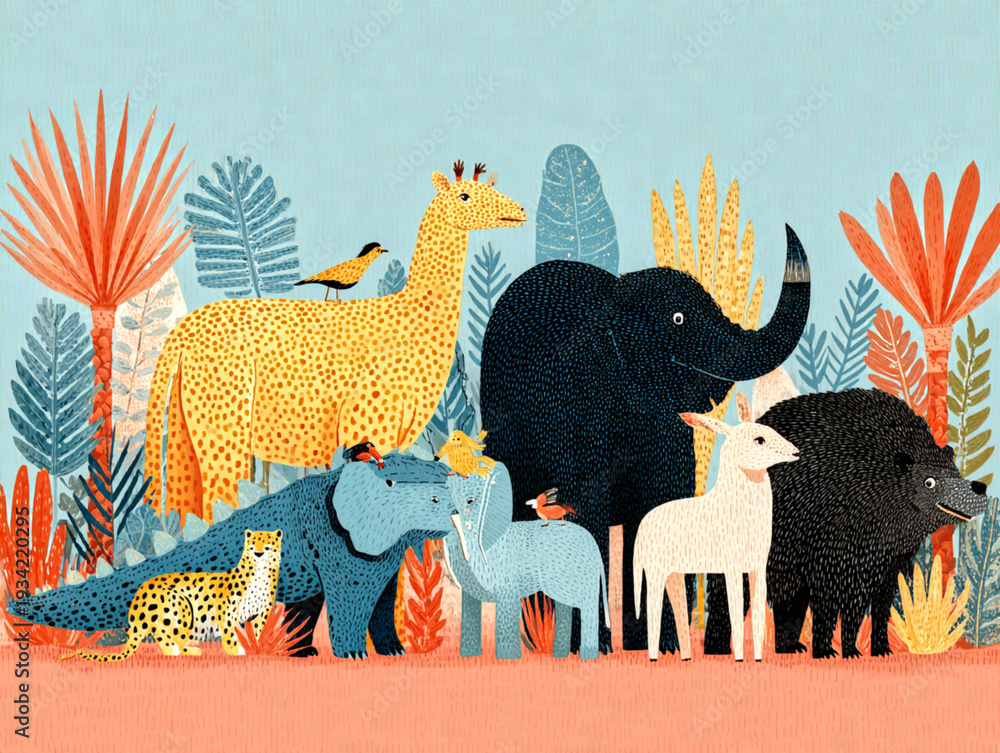 Naklejka premium Wild Animals Encounter Tiger Elephant Leopard and Giraffe in Vibrant Jungle Setting Colorful Illustration Creative Viewpoint