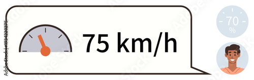 Road safety, travel data, digital dashboards, transportation monitoring, user interface design, speed tracking. Speed reading of 75 kmh with speedometer and user icon. Road safety and travel data