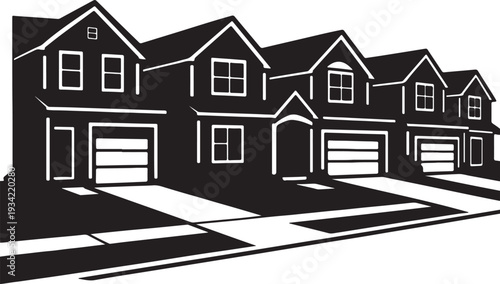 A style row of diverse suburban homes with attached garages and driveways rendered silhouette vector.