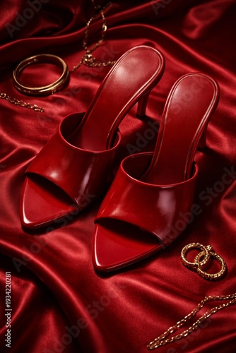 Luxury Red Patent Leather Heeled Mules on Silk Satin with Gold Jewelry – Elegant High Fashion Still Life, Dramatic Lighting, Premium Minimal Glamour Concept