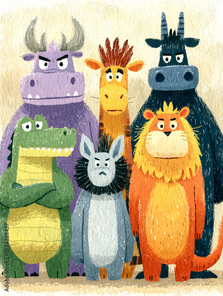 Obraz premium Wild Animals Gather A Colorful Encounter with a Lion Tiger and E