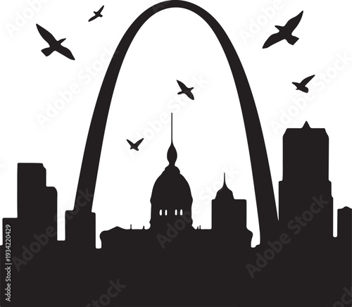 Iconic st louis skyline featuring gateway arch and old courthouse with flying birds silhouette vector illustration