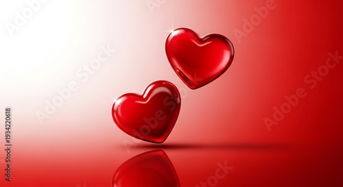 Two glossy red hearts floating in studio lighting with soft shadow and reflection symbolizing love and romance for valentine's