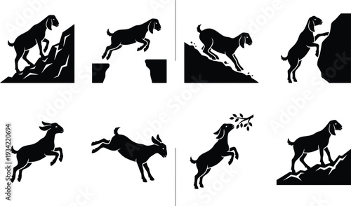 Set of 8 black goat silhouettes vector