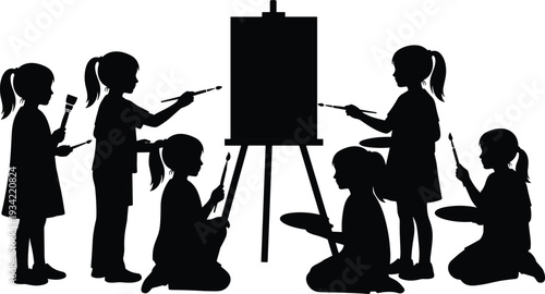 Silhouette of young children painting on easel, kids art class, creative workshop, elementary education, little artists holding brushes, isolated vector, white background.