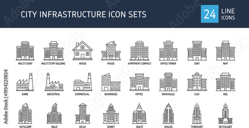 City Infrastructure Line Icons Set with Buildings Residential Commercial Industrial and Urban Architecture Symbols Isolated on White Background