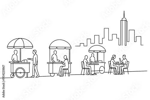 Minimalist Street Food. "Urban Eats". Minimalistic one-line drawing street food carts lined along city walkway