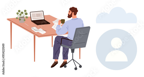 Remote work, digital collaboration, productivity, cloud computing, office workspace, technology integration. A man working with a laptop and documents at a desk. Remote work and digital collaboration
