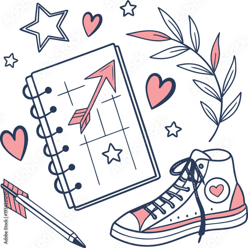 A blue and pink pixelated graphic of a face with hearts and stars