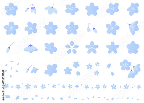 色々な形の桜のアイコンイラストセット　ブルー