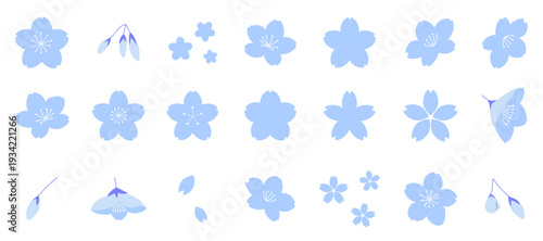 色々な形の桜のアイコンイラストセット　ブルー