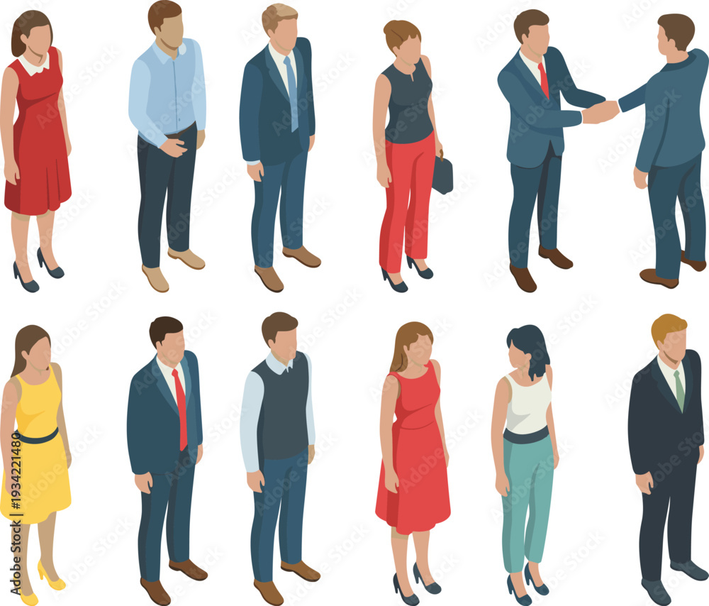 Obraz premium Business people flat vector illustration set with corporate professionals standing and handshake isolated on white background