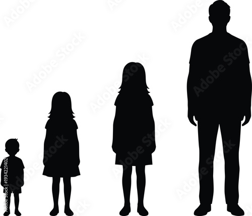 Silhouette of Human Growth Stages From Small Child to Adult Man Standing in Row Representing Life Cycle and Aging Process