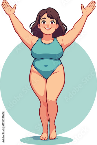 donna in costume da bagno intero con le braccia sollevate e sorride vettoriale