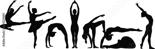 Set of Female Gymnast and Ballet Dancer Silhouettes Performing Various Yoga Poses Acrobatics and Stretching Exercises for Fitness and Wellness