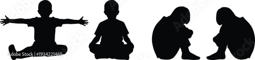 Set of Four Sitting Child Silhouettes Including Boy Stretching and Girl Crying Representing Various Childhood Emotions and Physical Development Activities