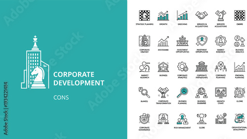 Corporate Development and Business Strategy Line Icons Set with Management Finance Growth and Leadership Symbols Isolated on White Background