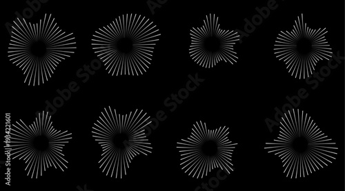 Sound waves in circular forms, linked with audio music, round voice icons, logos for equalizers, radial spectrums, rings. Flat vector illustrations isolated