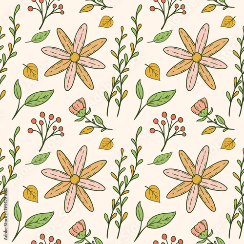 Vintage Floral Seamless Pattern with Leaves