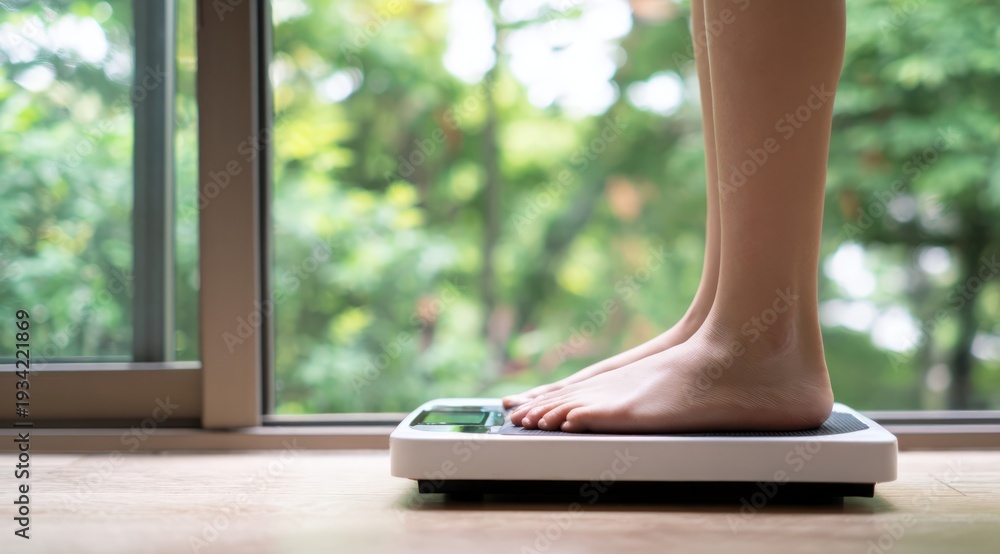 Fototapeta premium weighing. Weigh scales on bathroom floor with morning light, health concept. lifestyle magazines, social media lookbooks, designed for influencer and brand collaborations, used by brand managers. 