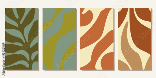 Abstract botanical patterns in four panels with warm earthy tones