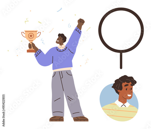 Success celebration, personal achievements, self-expression, sports awards, profile customization, recognition. Person holding trophy, confetti and blank portrait circle. Success celebration