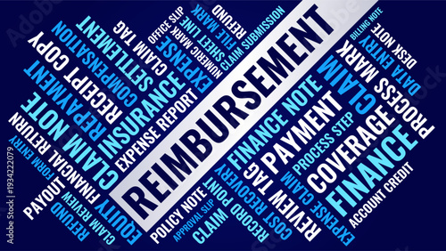 Reimbursement Word Cloud Design for Corporate Poster, Finance Wall Art, Office Banner, Training Slide. Reimbursement high contrast dark typography