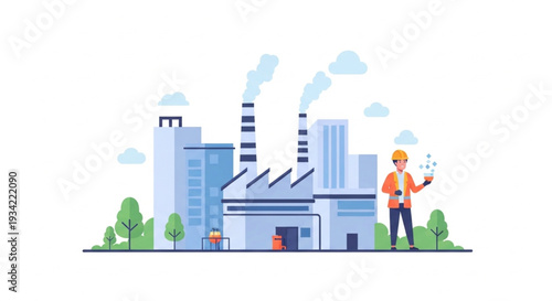 Industrial Factory with Worker Outside.