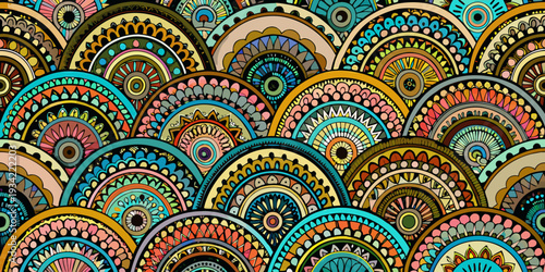 Colorful patterned semicircles create a vibrant and detailed abstract design