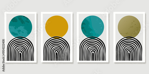 Four abstract wall art prints with geometric shapes and color blocks