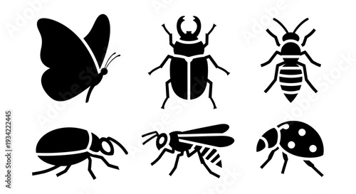Insect Silhouettes Collection: Butterfly, Beetle, Wasp, Ant, and Ladybug Icons